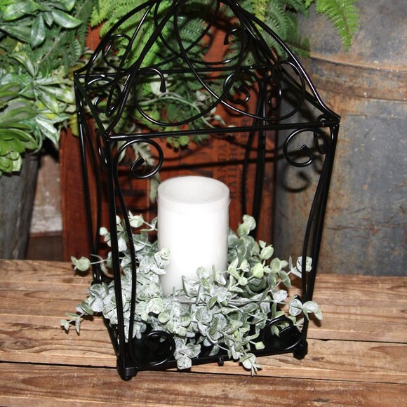 Black Open Wrought Iron Lantern w/LED Candle & Eucalyptus Candle Ring Wreath - Picture 5 of 10